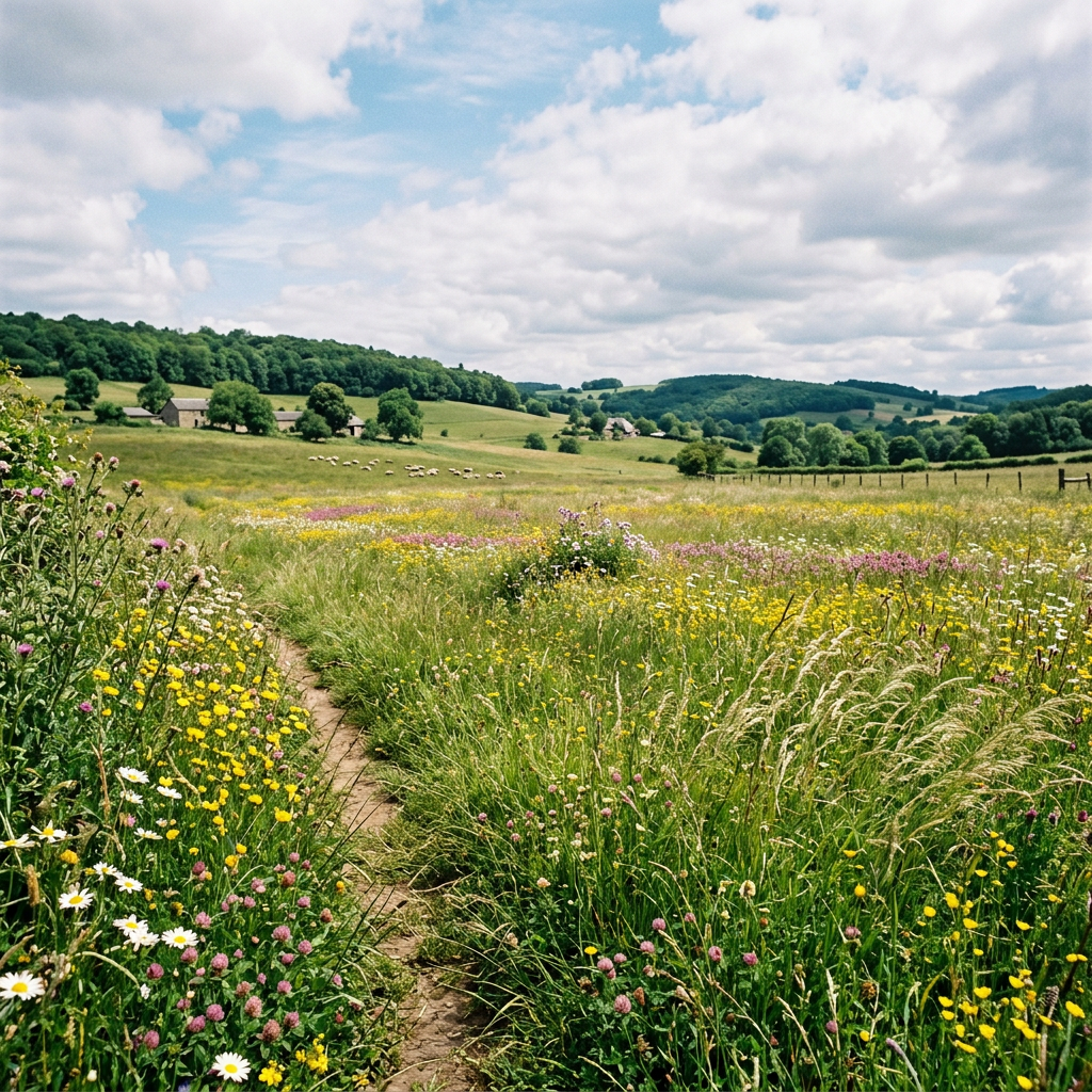 Winding path through a wildflower meadow with rolling hills and farmhouses