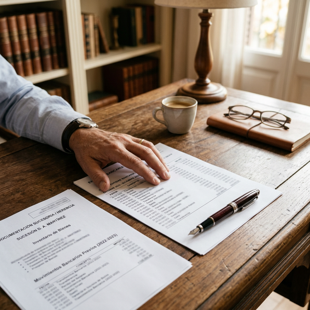 Person reviewing Spanish inheritance documents at a wooden desk